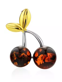 Миниатюрная брошь «Вишенка» из янтаря коньячного цвета