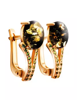 Миниатюрные позолоченные серьги с зелёным янтарём «Ренессанс»