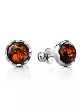 Миниатюрные серьги-пусеты с янтарём коньячного цвета «Камелот»