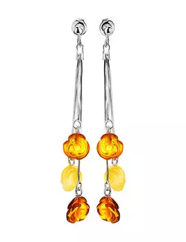 Нарядные серьги из натурального резного янтаря на замочках-гвоздиках «Розы на цепочках»