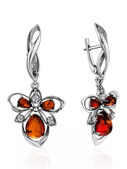 Нарядные серьги с натуральным балтийским янтарём и кристаллами «Эдельвейс»