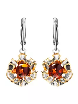 Нарядные серьги, украшенные коньячным янтарём «Маргаритка»