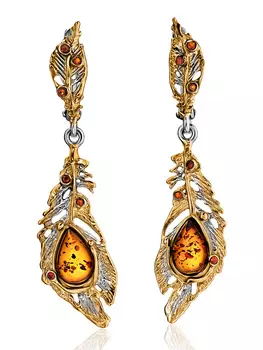 Нарядные серьги из серебра с позолотой, украшенные янтарём коньячного цвета «Павлин»