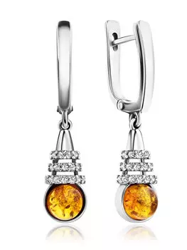 Небольшие красивые серьги «Ренессанс» с фианитами и коньячным янтарём