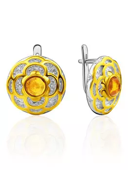 Небольшие круглые серьги из натурального янтаря «Гербера»