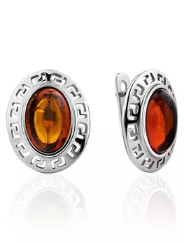 Небольшие овальные серьги из серебра с янтарными вставками «Эллада»