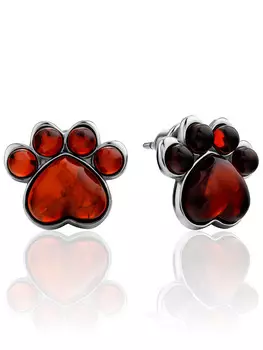 Небольшие яркие серьги «Лапки» из серебра и янтаря вишнёвого цвета