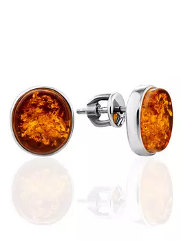 Небольшие серьги-гвоздики из серебра и коньячного янтаря «Бенефис»