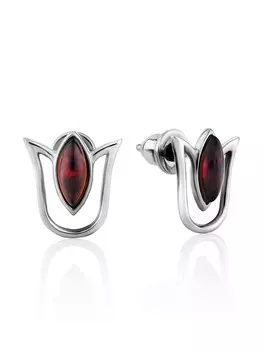 Небольшие серьги-гвоздики с янтарём коньячного цвета «Тюльпан»