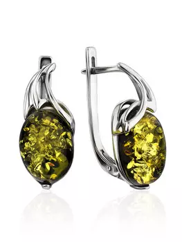 Небольшие серьги из серебра с натуральным зелёным янтарём «Палермо»