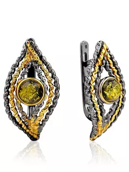 Необычные ажурные серьги «Павлин» из зелёного янтаря