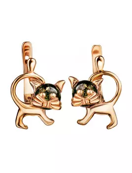 Необычные позолоченные серьги с зелёным янтарём «Чешир»