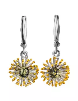 Необычные серьги «Барбадос» из серебра с позолотой и зелёного янтаря