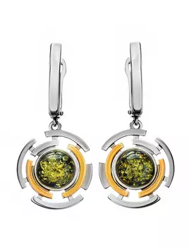 Необычные серебряные серьги с зелёным янтарём «Люмьер»