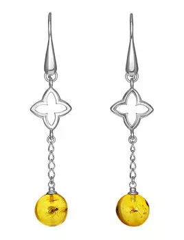 Необычные удлинённые серьги из серебра и янтаря с насекомыми «Клио»