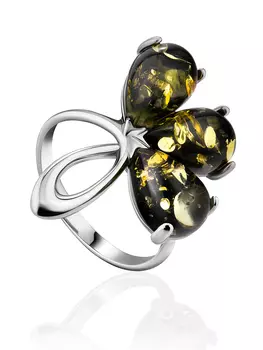 Нежное кольцо с лепестками из зелёного янтаря «Одуванчик»