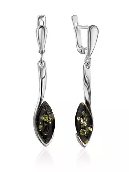 Нежные удлиненные серьги из серебра с зеленым сверкающим янтарем «Адажио»