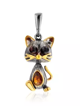 Очаровательная подвеска из серебра и натурального янтаря «Котик»