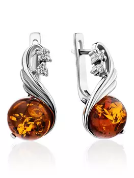 Очаровательные серьги «Лебедь» из серебра с натуральным коньячным янтарём