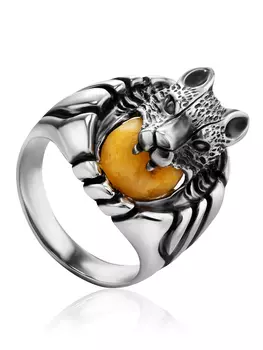 Оригинальное кольцо из серебра и янтаря медового цвета «Волкодав»