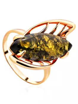 Оригинальное крупное кольцо с зелёным янтарём «Росянка»