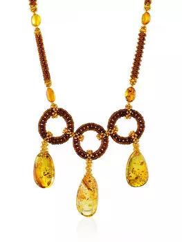 Оригинальное плетёное колье из бисера и натурального янтаря «Лукоморье»