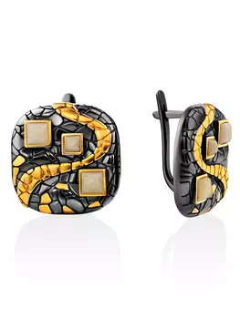 Оригинальные серьги из чернёного серебра с золочением и янтаря «Донателла»