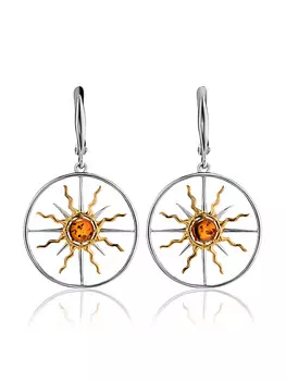 Оригинальные серьги из серебра с позолотой и коньячного янтаря «Алхимия»