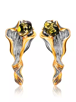 Оригинальные серьги «Моне» из серебра с позолотой и янтаря