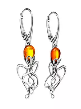 Оригинальные серьги «Осьминог» с янтарём и кристаллами