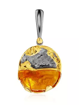 Подвеска из текстурного «мятого» серебра с позолотой и натурального янтаря «Корица»