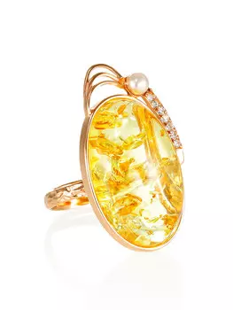Роскошное кольцо с искрящимся лимонным янтарём «Прима»
