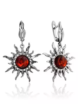 Роскошные серьги «Гелиос» из серебра со вставкой вишневого янтаря