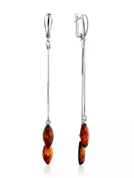 Серьги-цепочки с янтарём коньячного цвета «Листочки»