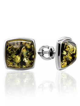 Серьги-гвоздики «Зефир» из серебра с зелёным янтарём