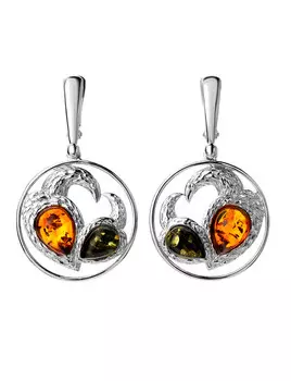 Серьги круглой формы из коньячного и зелёного янтаря «Лирика»