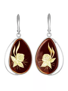 Серьги ручной работы из янтаря с резьбой в серебре «Элинор»