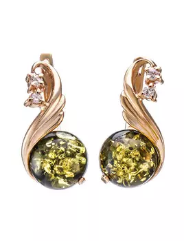 Серьги, украшенные натуральным зелёным янтарём «Лебедь»