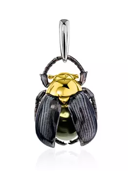 Серебряная подвеска «Скарабей» со вставкой из янтаря зелёного цвета