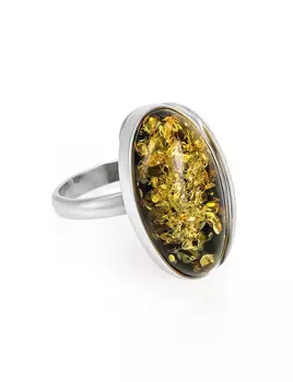 Кольцо с овальной вставкой из натурального зелёного янтаря