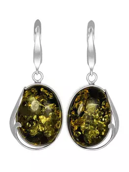 Серебряные серьги «Маньяна» с натуральным искрящимся янтарём зелёного цвета