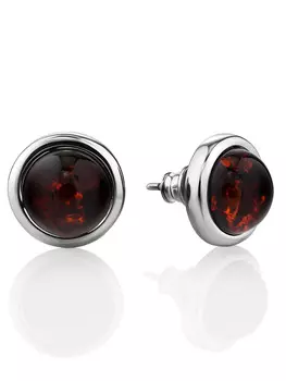 Серебряные серьги-пусеты с натуральным янтарем вишнёвого цвета «Ягодка»