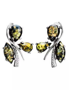 Серьги с искрящимся янтарем зеленого цвета «Магнолия»