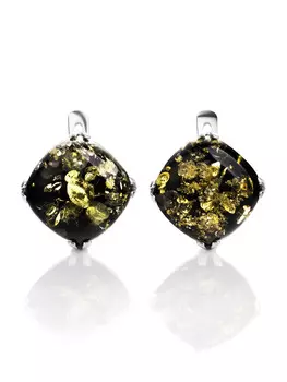 Серебряные серьги с искрящимся тёмно-зелёным янтарём «Византия» крупные