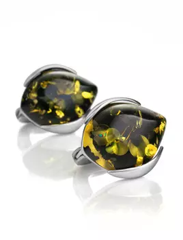 Серебряные серьги с красивым искрящимся зеленым янтарем «Кошачий глаз»