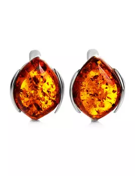Серебряные серьги с красивым янтарем насыщенного коньячного цвета «Кошачий глаз»
