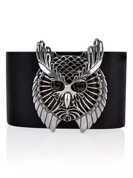 Широкий кожаный браслет с пряжкой, украшенной янтарём «Филин»