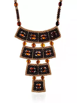 Стильное колье из бисера и янтаря «Лукоморье» в тёмном оттенке