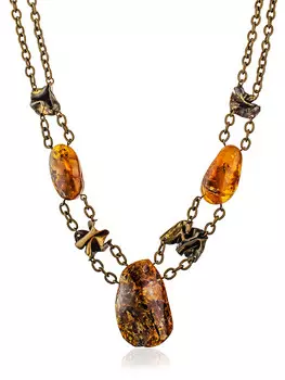 Стильное необычное колье из латуни и натурального янтаря «Пандора»
