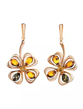 Стильные яркие серьги из натурального янтаря «Клевер»